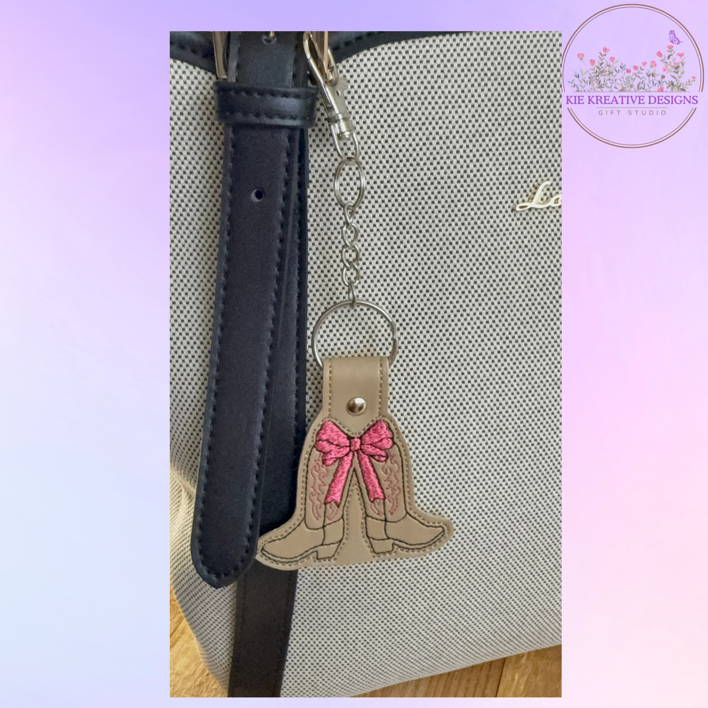 Embroidered Cowgirl Boot Keychain with Pink Bow – Western Leatherette Key Fob, Cute Country Gift for Her, Bag Charm, Stocking Stuffer