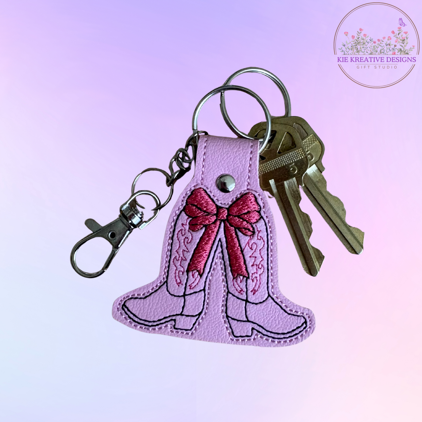 Embroidered Cowgirl Boot Keychain with Pink Bow – Western Leatherette Key Fob, Cute Country Gift for Her, Bag Charm, Stocking Stuffer