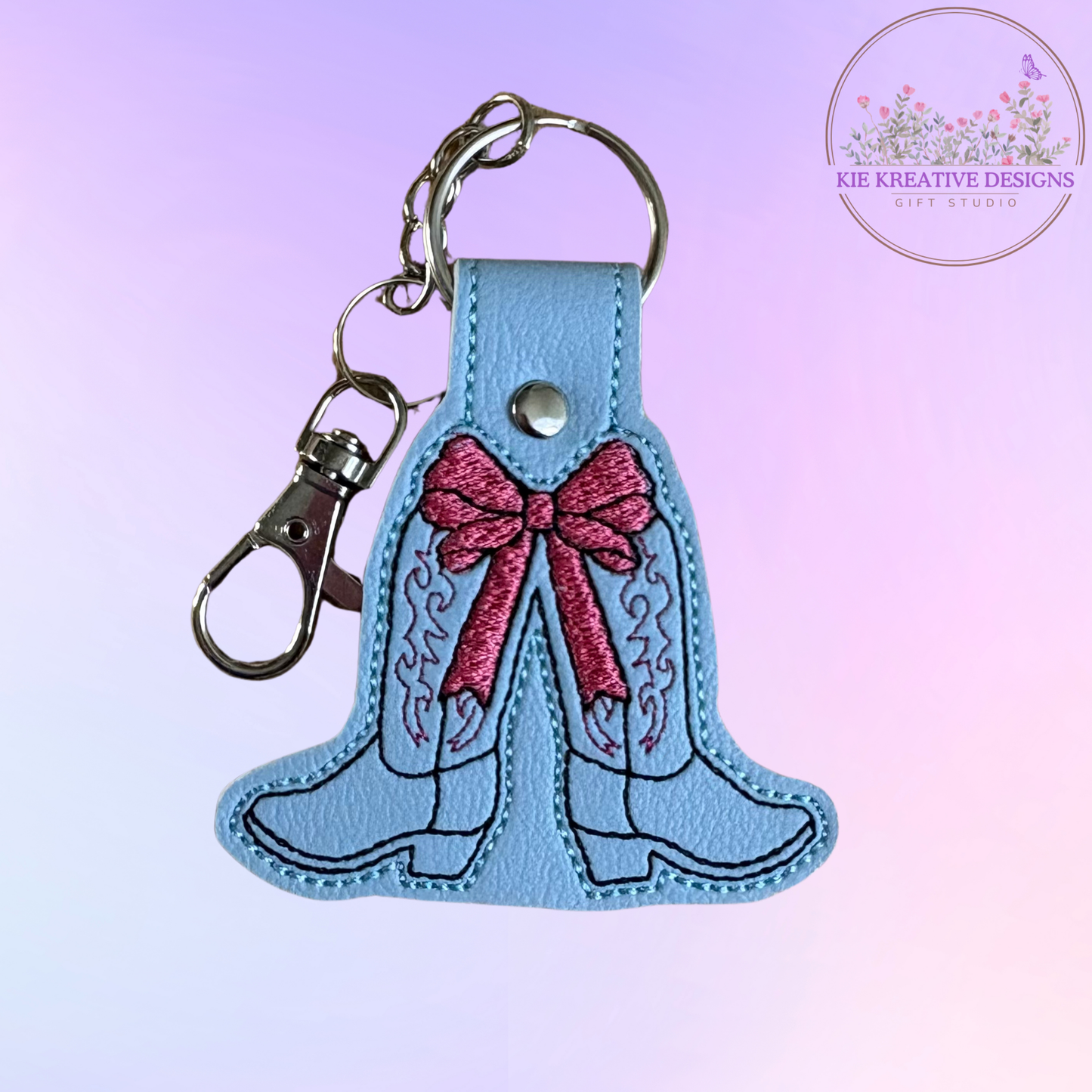 Embroidered Cowgirl Boot Keychain with Pink Bow – Western Leatherette Key Fob, Cute Country Gift for Her, Bag Charm, Stocking Stuffer