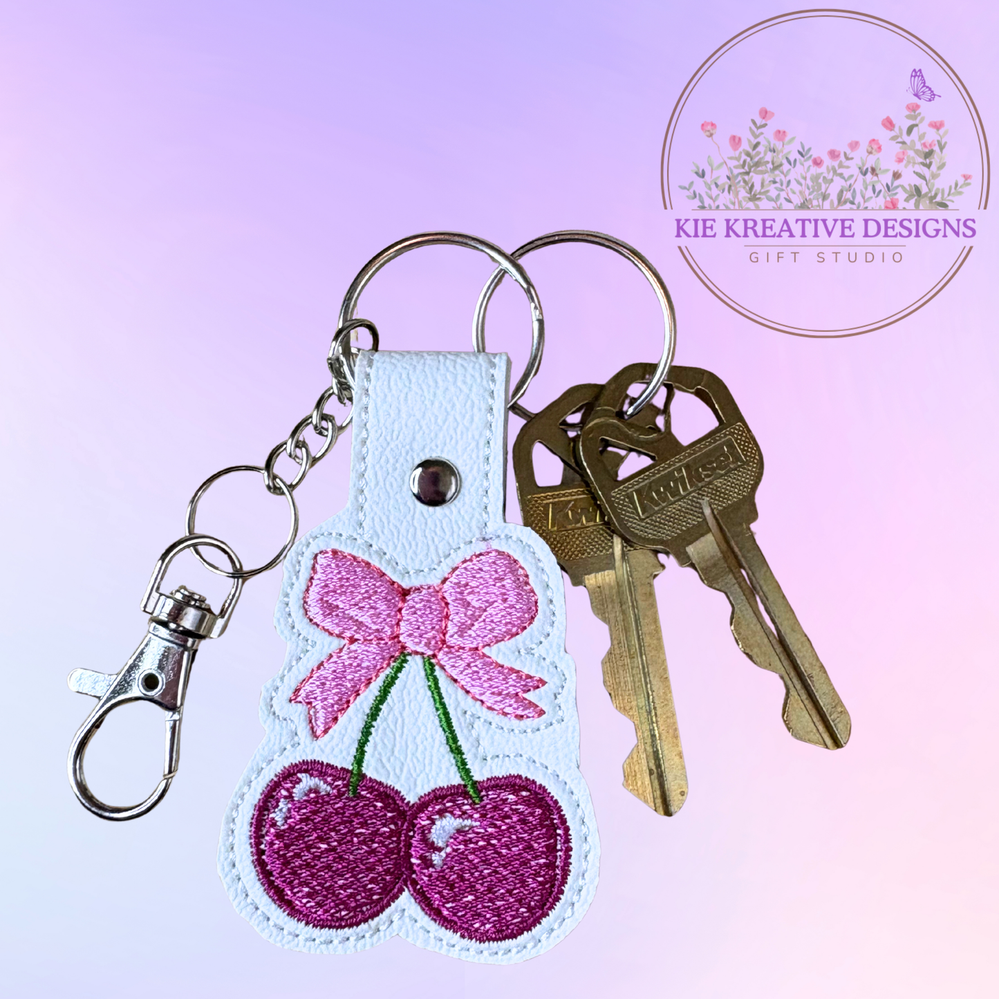 Cherry Embroidered Keychain with Pink Bow – Cute Fruit Keychain for Bags & Keys | Handmade Gift for Her | Sweet Aesthetic Accessory
