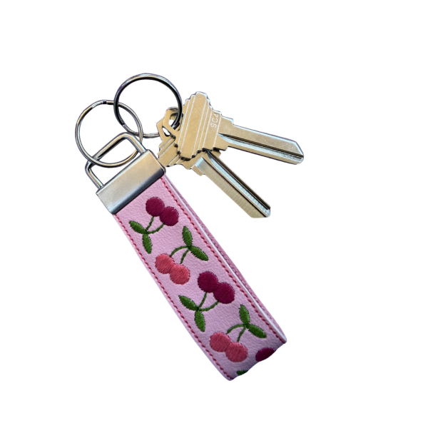 Cherry Mini Wristlet Keychain, Pink Cherry Key Fob, Coquette Accessory, Aesthetic Wristlet Strap, Gift for Her, Bag Charm