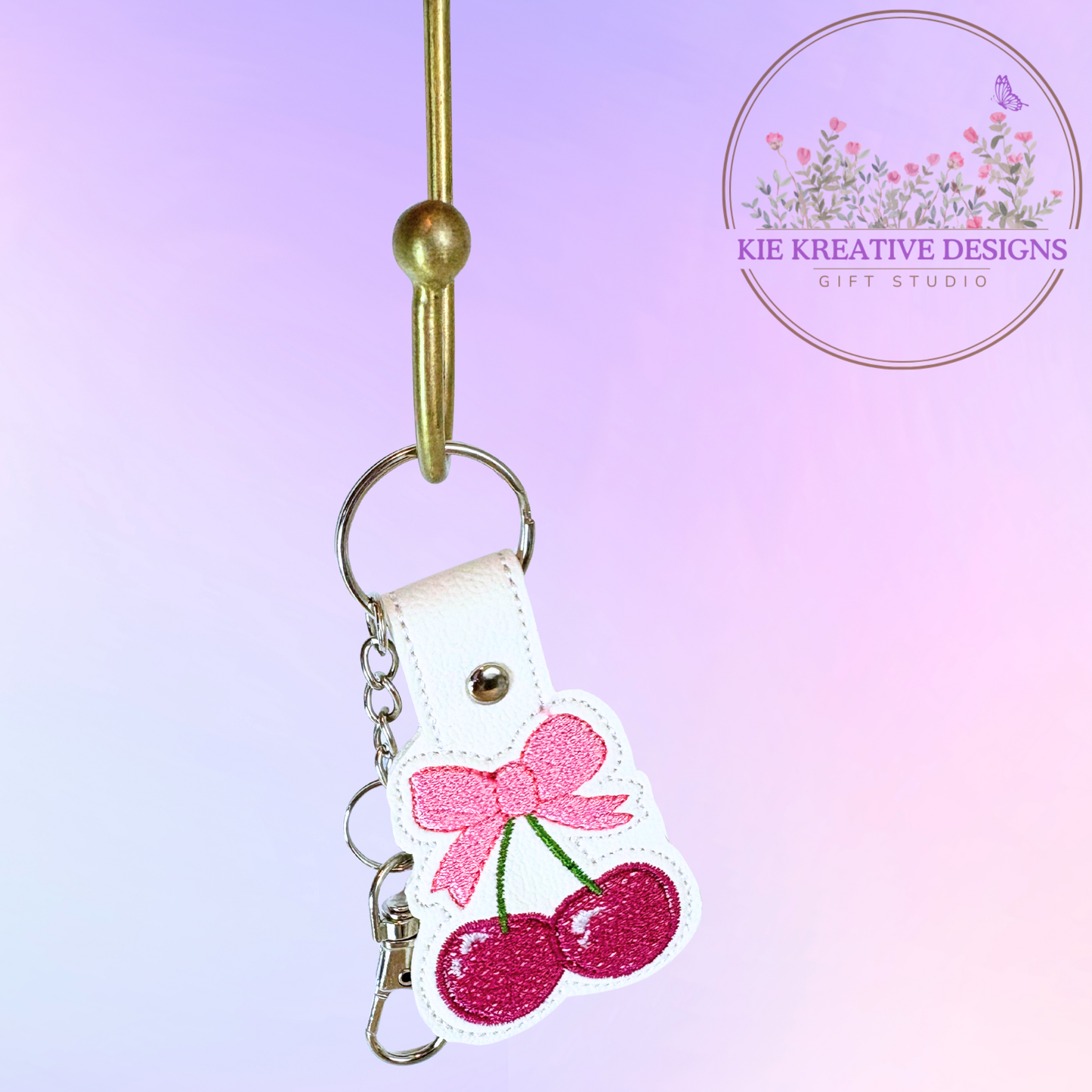 Cherry Embroidered Keychain with Pink Bow – Cute Fruit Keychain for Bags & Keys | Handmade Gift for Her | Sweet Aesthetic Accessory