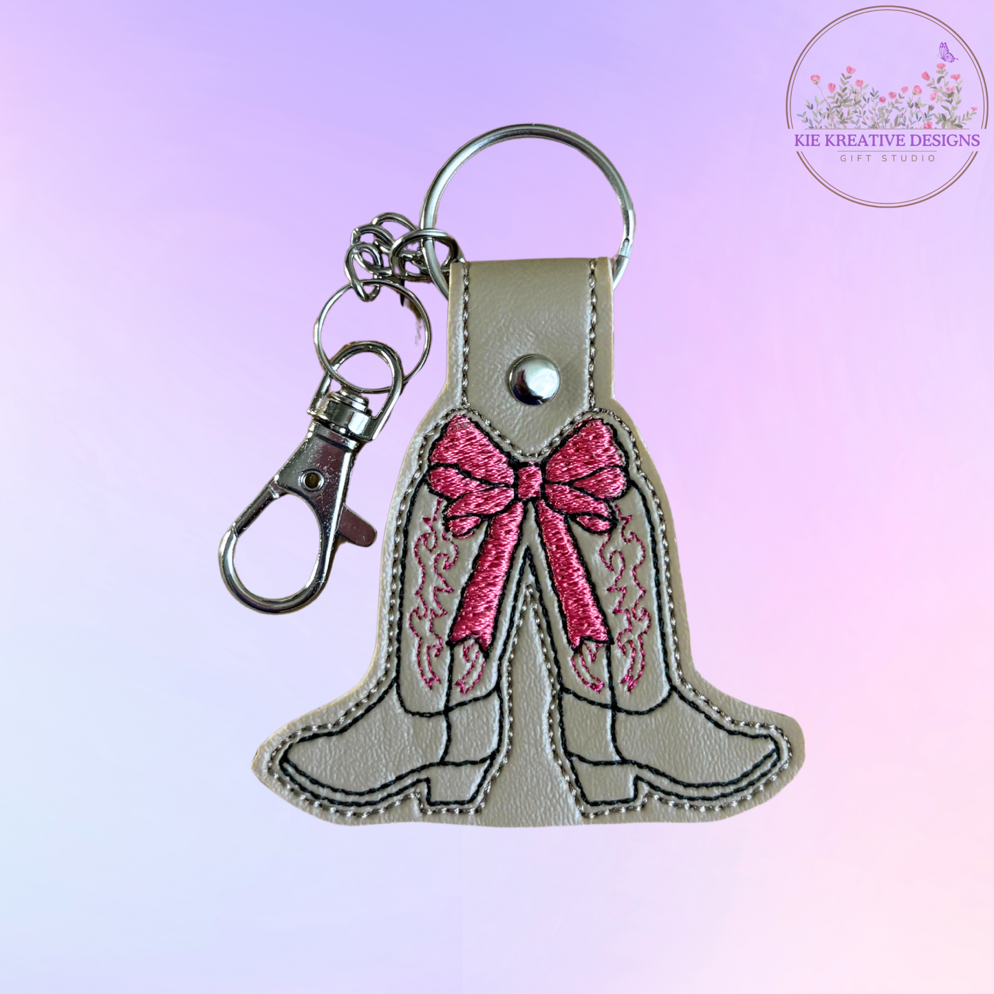 Embroidered Cowgirl Boot Keychain with Pink Bow – Western Leatherette Key Fob, Cute Country Gift for Her, Bag Charm, Stocking Stuffer