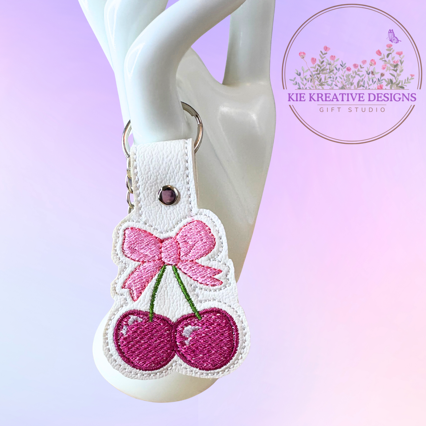 Cherry Embroidered Keychain with Pink Bow – Cute Fruit Keychain for Bags & Keys | Handmade Gift for Her | Sweet Aesthetic Accessory