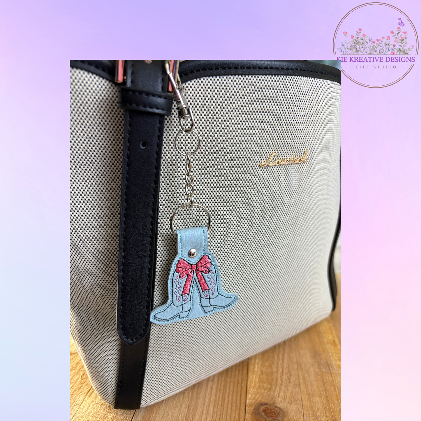 Embroidered Cowgirl Boot Keychain with Pink Bow – Western Leatherette Key Fob, Cute Country Gift for Her, Bag Charm, Stocking Stuffer