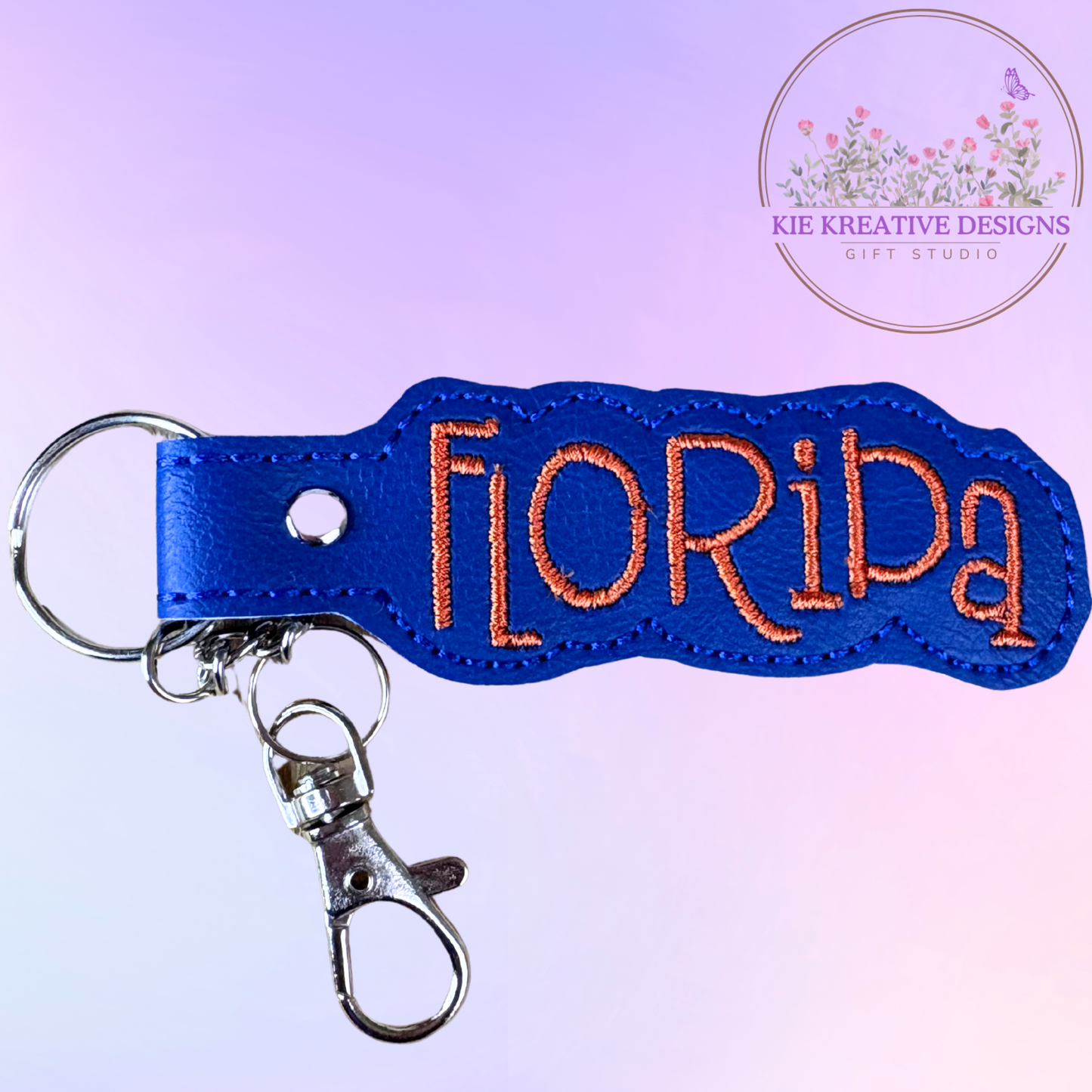 Florida Embroidered Keychain | Blue and Orange Florida Gift | State Pride Key Fob | Handmade Keychain for Gator Fans & Locals