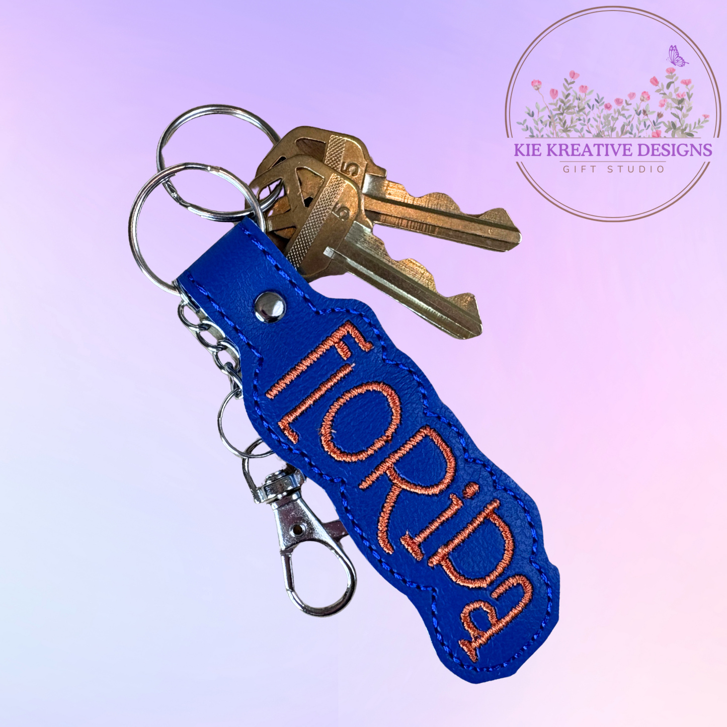 Florida Embroidered Keychain | Blue and Orange Florida Gift | State Pride Key Fob | Handmade Keychain for Gator Fans & Locals
