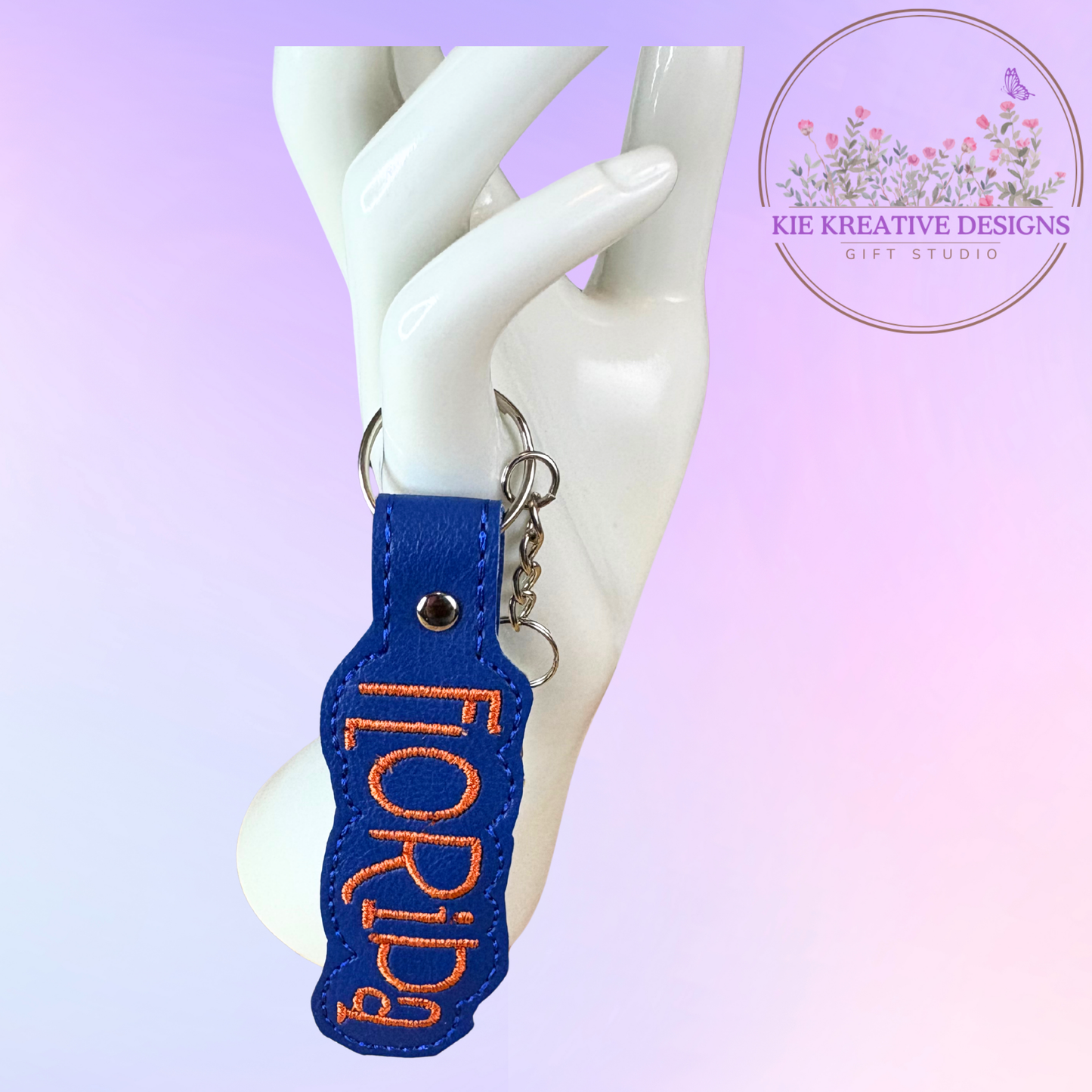 Florida Embroidered Keychain | Blue and Orange Florida Gift | State Pride Key Fob | Handmade Keychain for Gator Fans & Locals