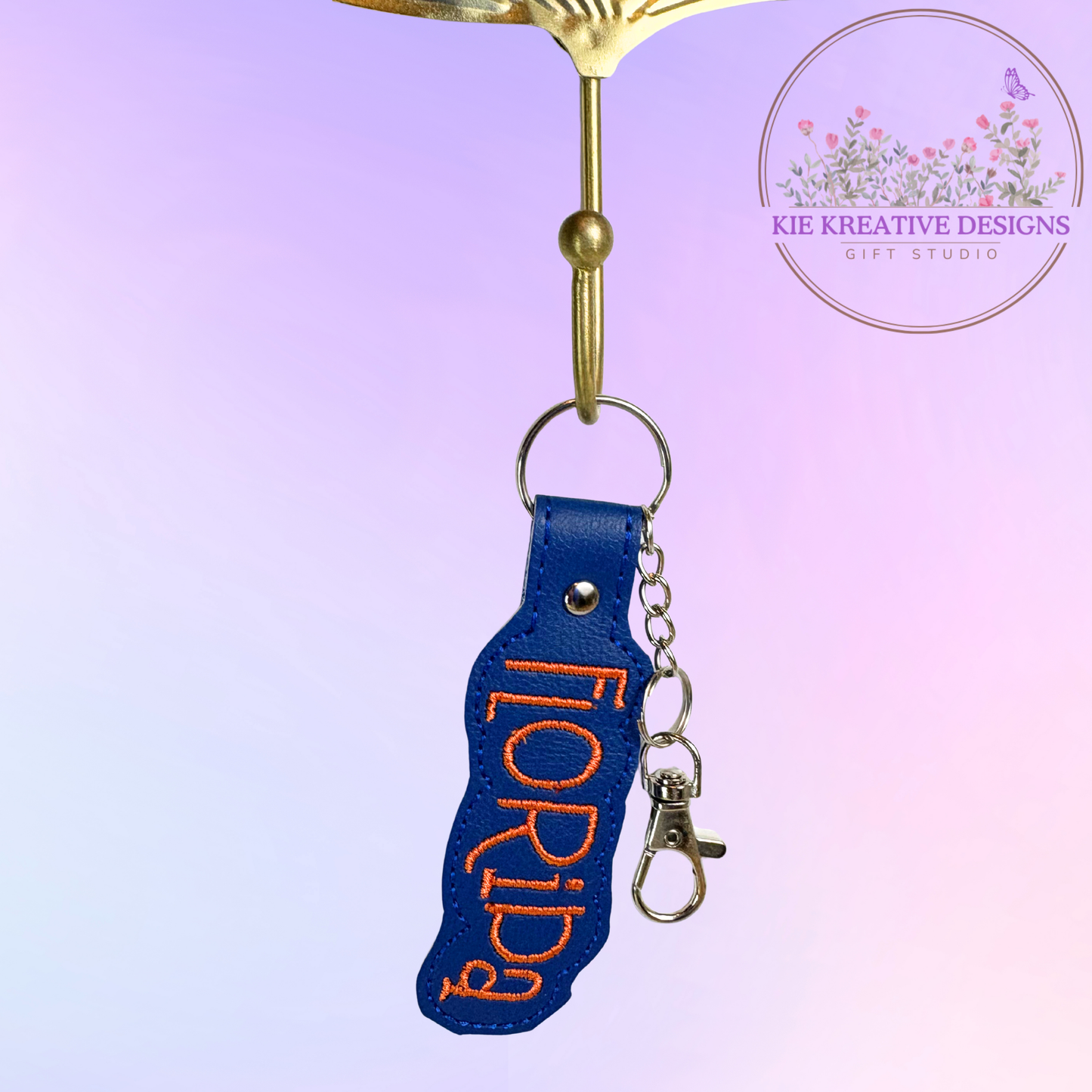 Florida Embroidered Keychain | Blue and Orange Florida Gift | State Pride Key Fob | Handmade Keychain for Gator Fans & Locals