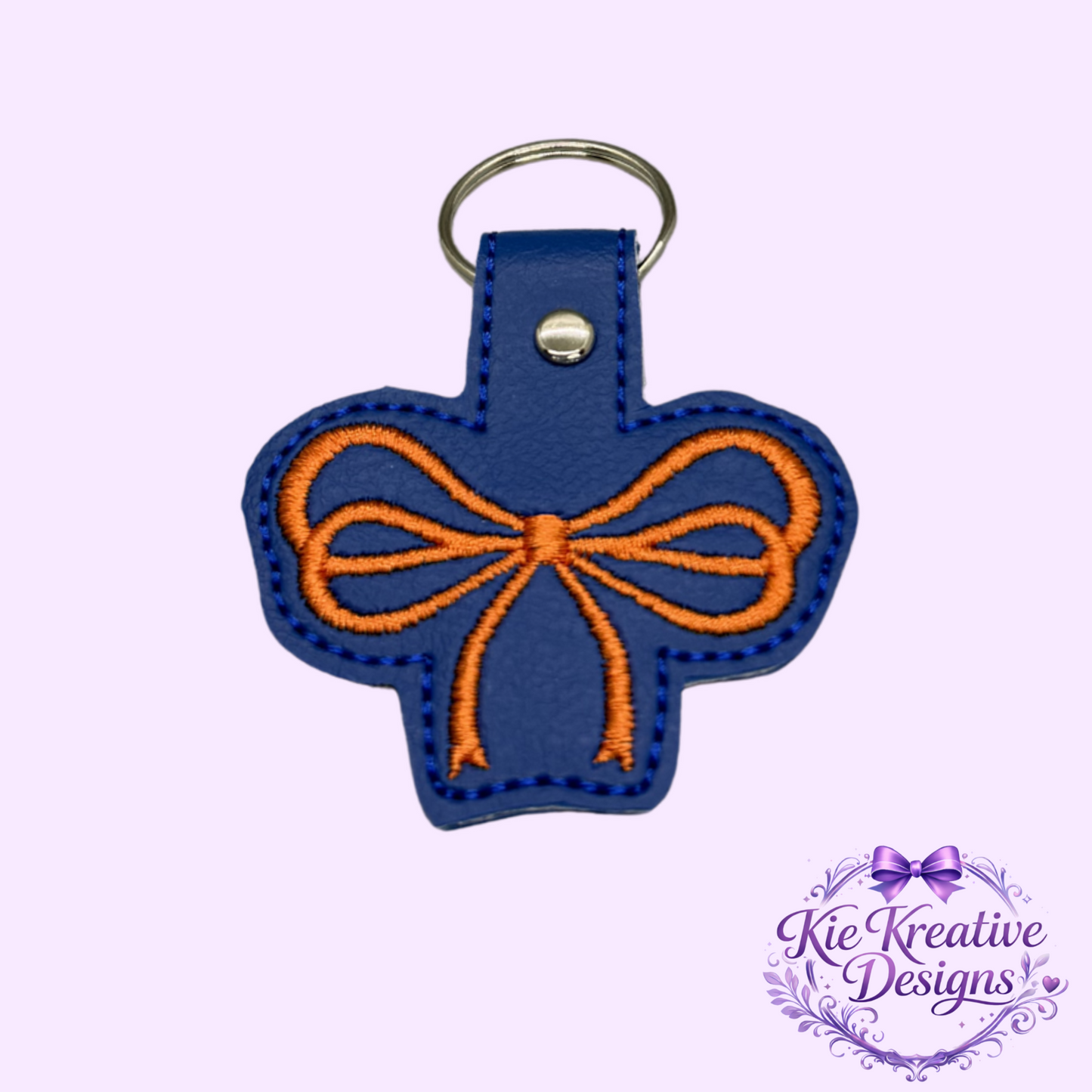 Blue and Orange Embroidered Bow Keychain | Faux Leather Wristlet Key Fob | Cute Bag Charm | Game Day Accessory | Thoughtful Small Gift