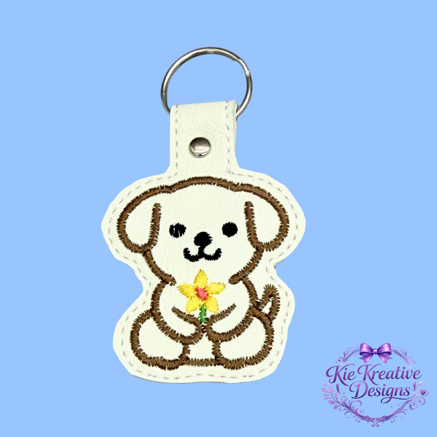 Embroidered Puppy Keychain with Flower – Cute Dog Key Fob – Handmade Dog Lover Gift – Floral Pet Bag Charm – Small Thoughtful Gift