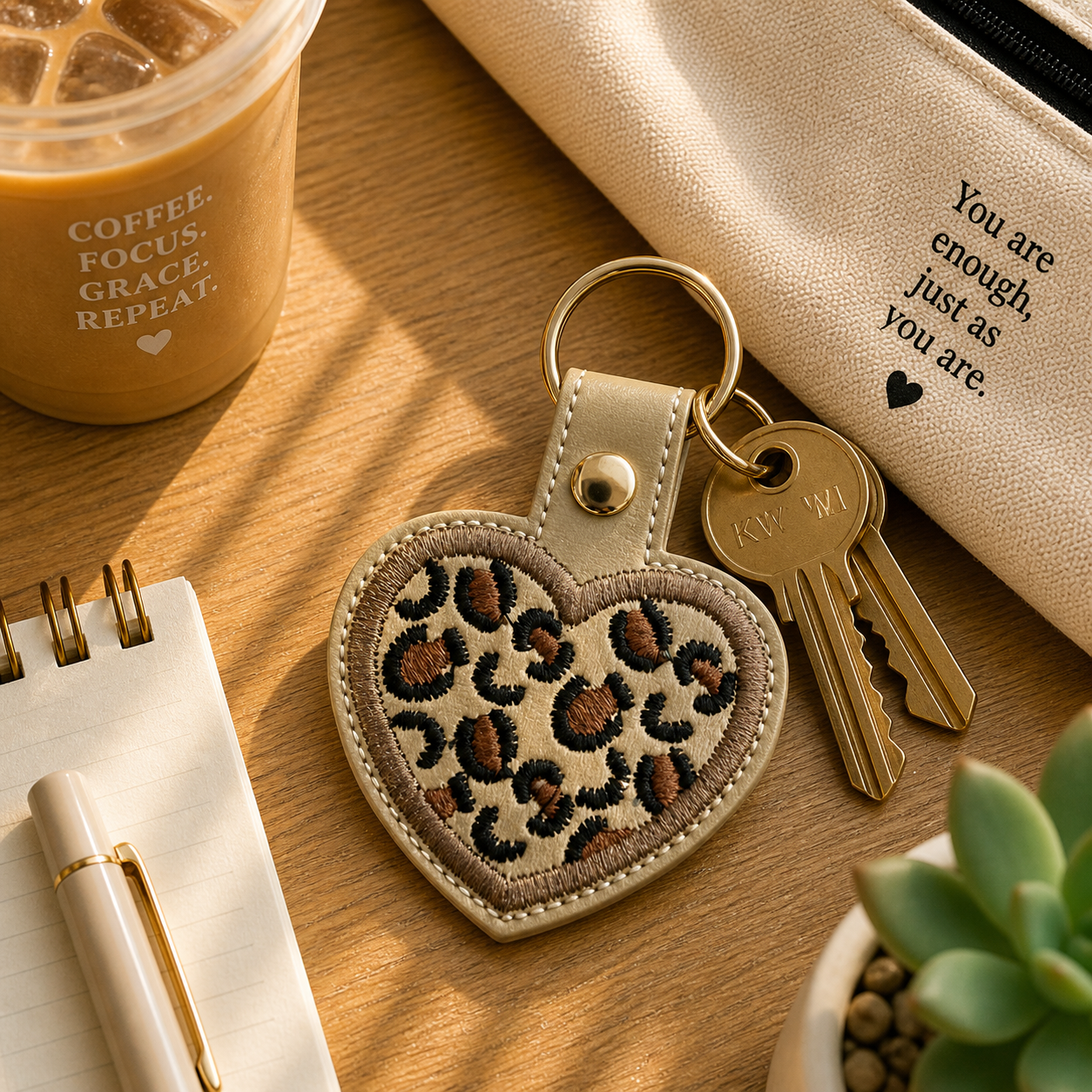 Leopard Heart Keychain, Cheetah Print Keychain, Neutral Aesthetic Keychain, Embroidered Keychain, Cute Bag Charm, Trendy Gift for Her, Minimal Accessory