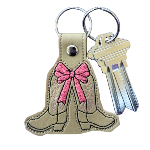 Cowgirl Boot Keychain, Pink Bow Cowboy Boots, Western Keychain, Coquette Keychain, Embroidered Keychain, Country Girl Gift, Cute Bag Charm
