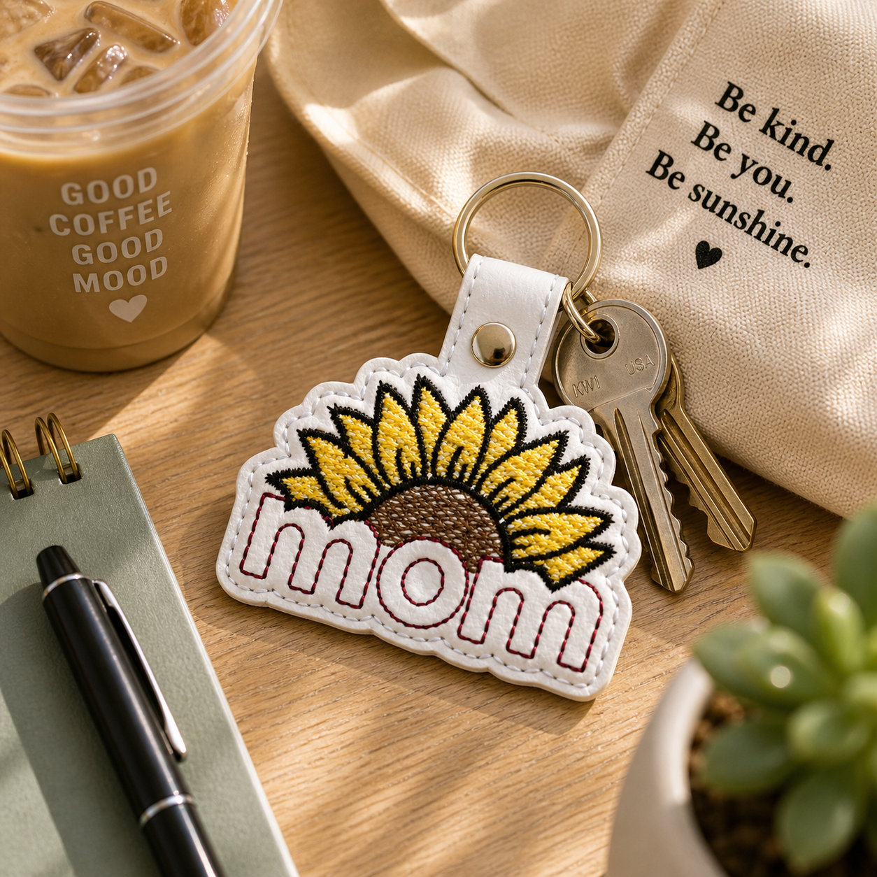 Sunflower Mom Keychain, Mom Gift, Floral Keychain, Embroidered Keychain, Mother’s Day Gift, Gift for Mom, Cute Bag Charm, Mom Accessory