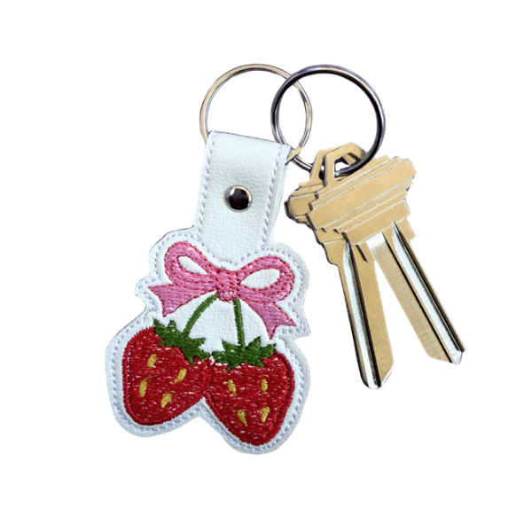 Strawberry Bow Keychain, Coquette Keychain, Cute Girly Keychain, Embroidered Keychain, Kawaii Accessory, Aesthetic Gift for Her, Bag Charm