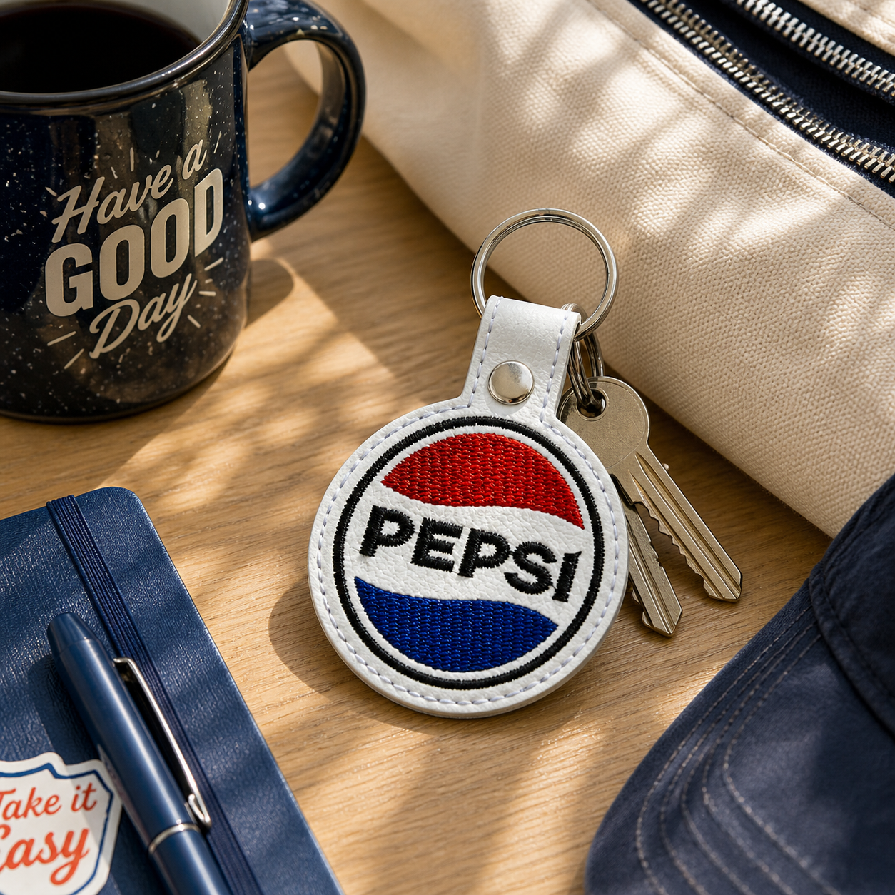 Retro Soda Logo Keychain, Vintage Drink Inspired Keychain, Embroidered Circle Keychain, Nostalgic Gift, 90s Aesthetic, Cute Bag Charm