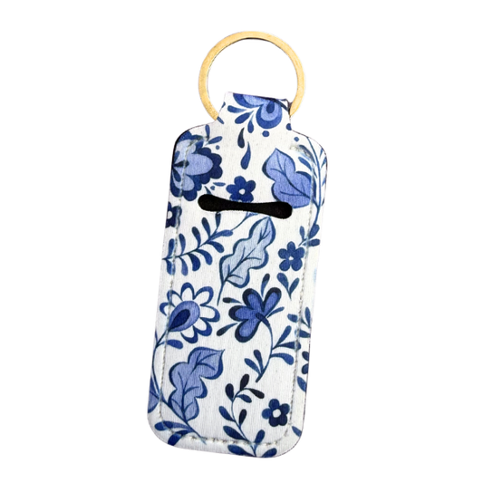 Blue Floral Lip Balm Holder Keychain, Cute Chapstick Holder, Cottagecore Keychain, Purse Accessory, Small Useful Gift for Her,
