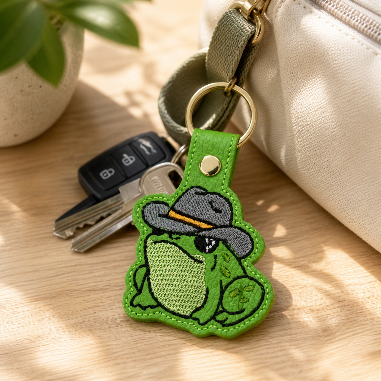 Cute Frog Keychain, Embroidered Frog with Hat Keychain, Green Animal Keychain, Funny Frog Gift, Backpack Charm, Purse Accessory, Cute Gift Idea