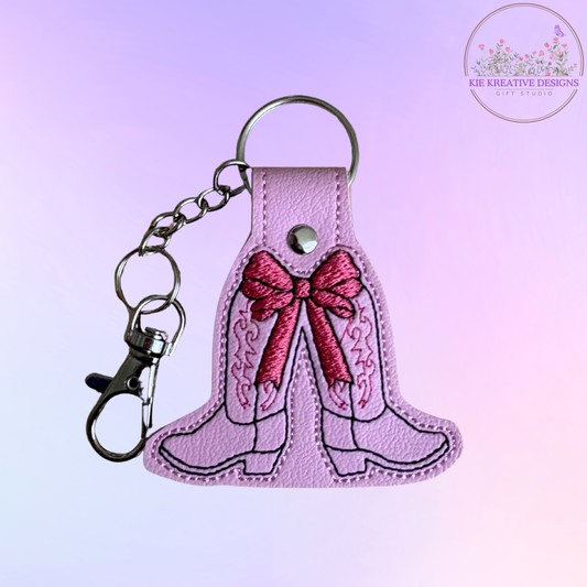 Embroidered Cowgirl Boot Keychain with Pink Bow – Western Leatherette Key Fob, Cute Country Gift for Her, Bag Charm, Stocking Stuffer