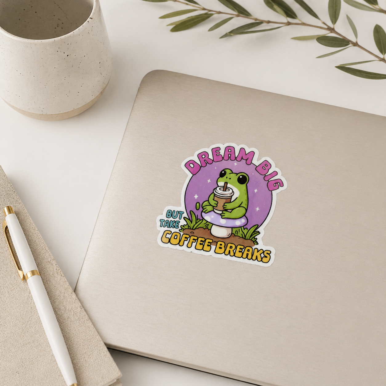 Dream Big Frog Coffee Sticker | Cute Frog Sticker | Coffee Lover Gift | Motivational Sticker | Laptop Water Bottle Decal | Aesthetic Cute Sticker