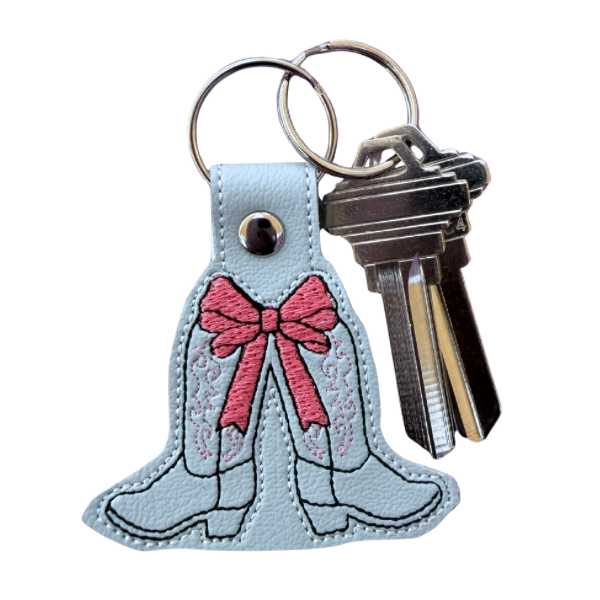 Cowgirl Boot Keychain, Pink Bow Cowboy Boots, Western Keychain, Coquette Keychain, Embroidered Keychain, Country Girl Gift, Cute Bag Charm