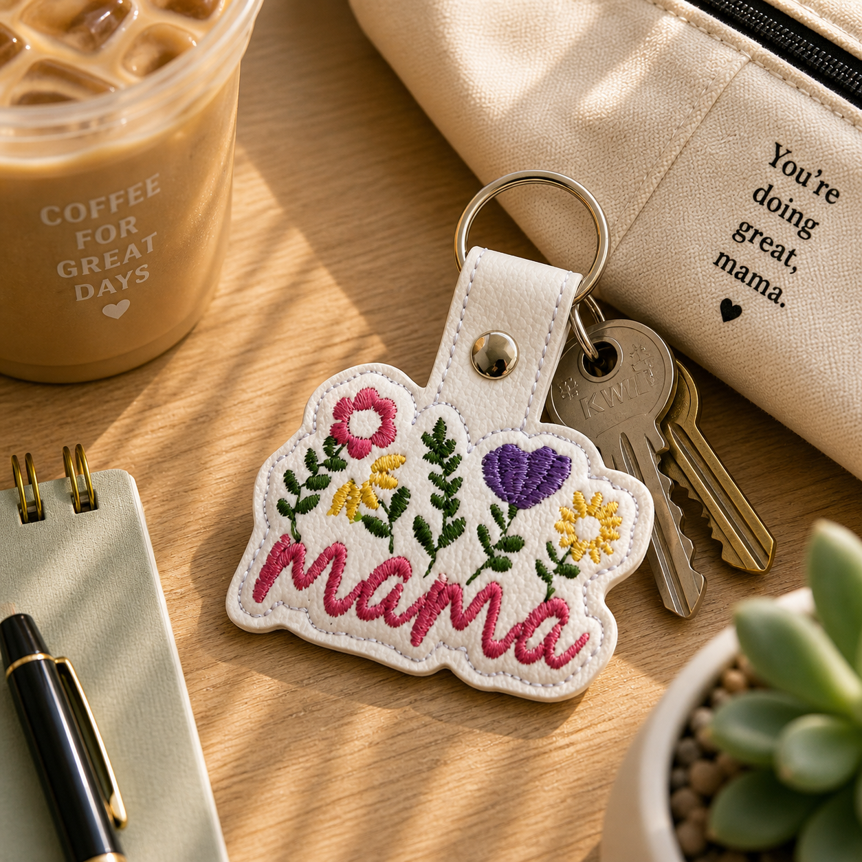 Floral Mama Keychain, Mama Gift, Flower Keychain, Embroidered Keychain, Mother’s Day Gift, Gift for Mom, Cute Mom Accessory, Bag Charm
