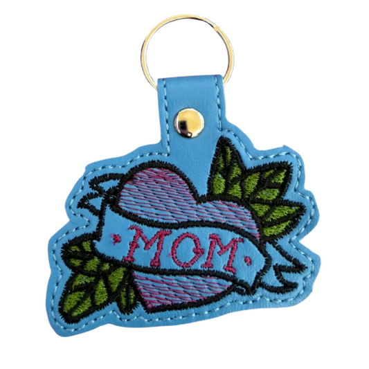 Mom Heart Keychain, Tattoo Style Mom Gift, Blue Keychain, Embroidered Keychain, Mother’s Day Gift, Gift for Mom, Edgy Mom Gift, Bag Charm