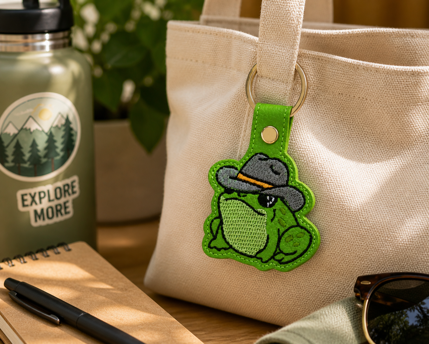 Cute Frog Keychain, Embroidered Frog with Hat Keychain, Green Animal Keychain, Funny Frog Gift, Backpack Charm, Purse Accessory, Cute Gift Idea