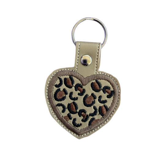 Leopard Heart Keychain, Cheetah Print Keychain, Neutral Aesthetic Keychain, Embroidered Keychain, Cute Bag Charm, Trendy Gift for Her, Minimal Accessory