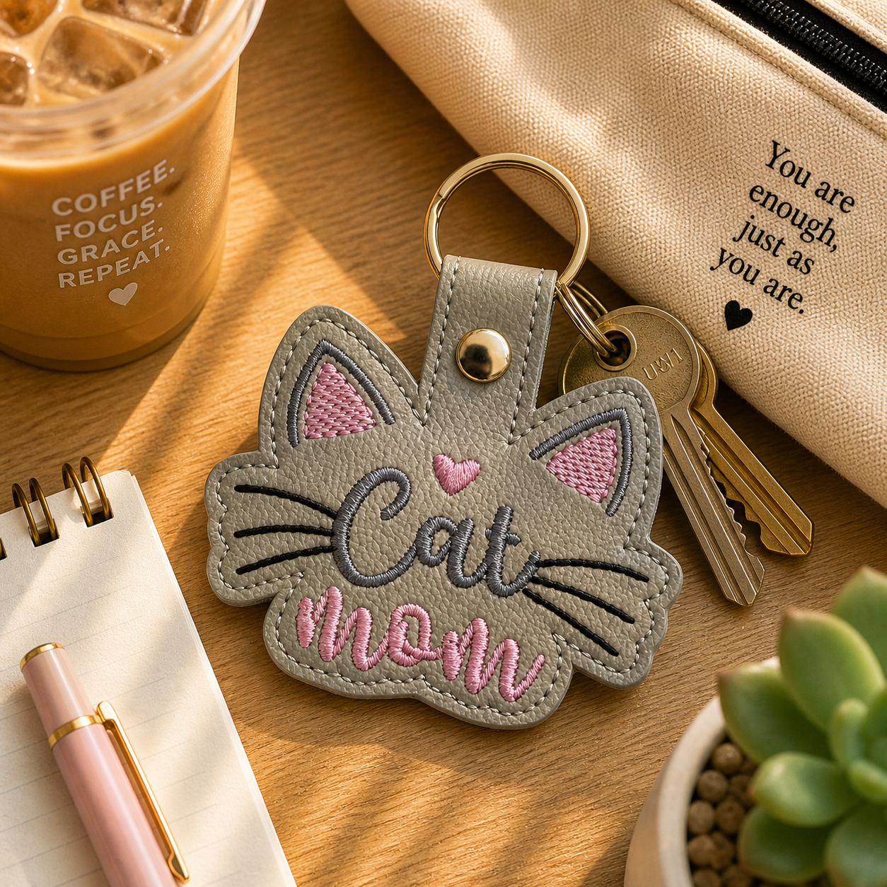 Cat Mom Keychain, Cat Lover Gift, Cute Cat Keychain, Embroidered Keychain, Pet Mom Gift, Gift for Cat Mom, Animal Lover Gift, Bag Charm