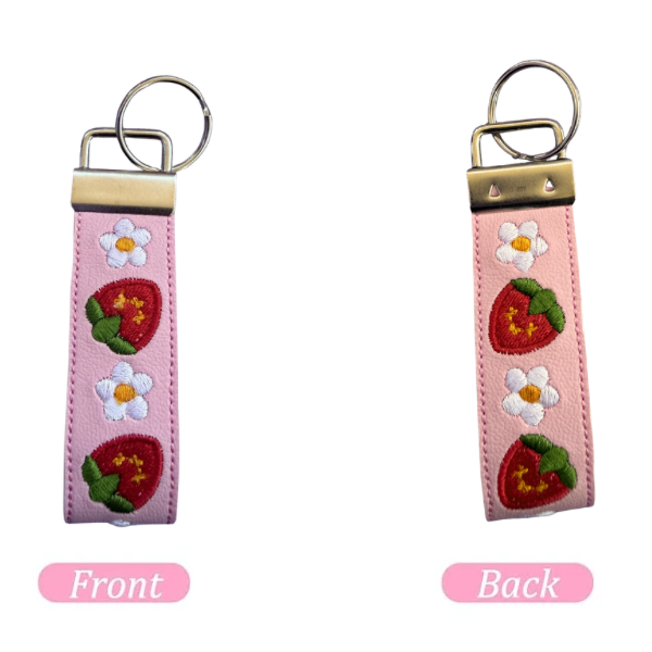 Strawberry Mini Wristlet Keychain, Floral Key Fob, Coquette Keychain, Pink Strap, Aesthetic Gift for Her