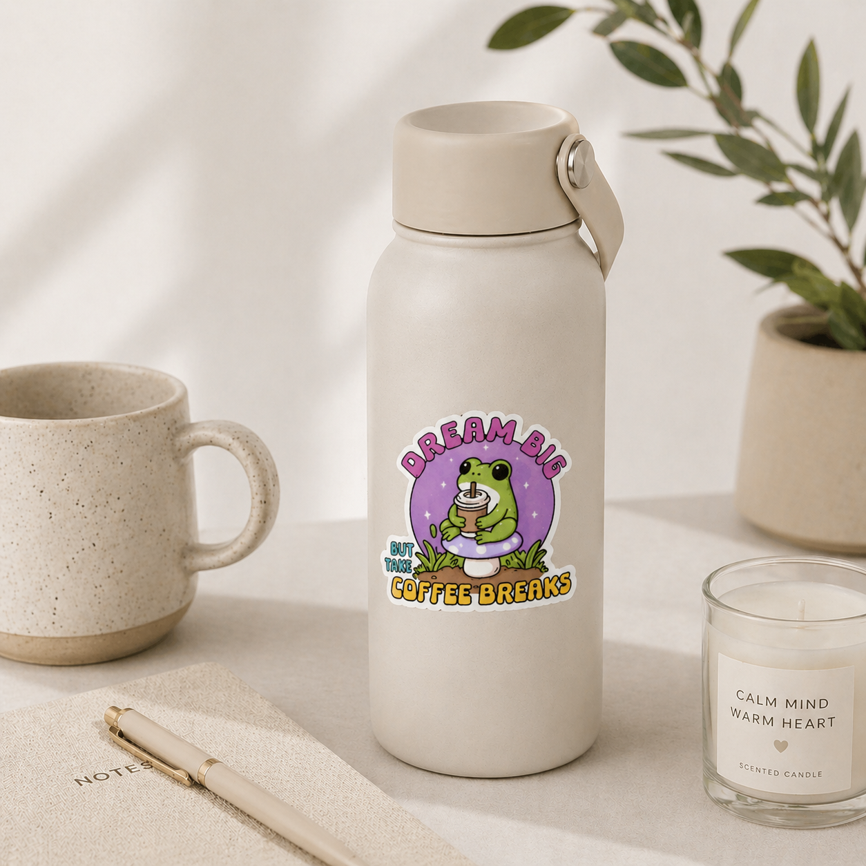 Dream Big Frog Coffee Sticker | Cute Frog Sticker | Coffee Lover Gift | Motivational Sticker | Laptop Water Bottle Decal | Aesthetic Cute Sticker