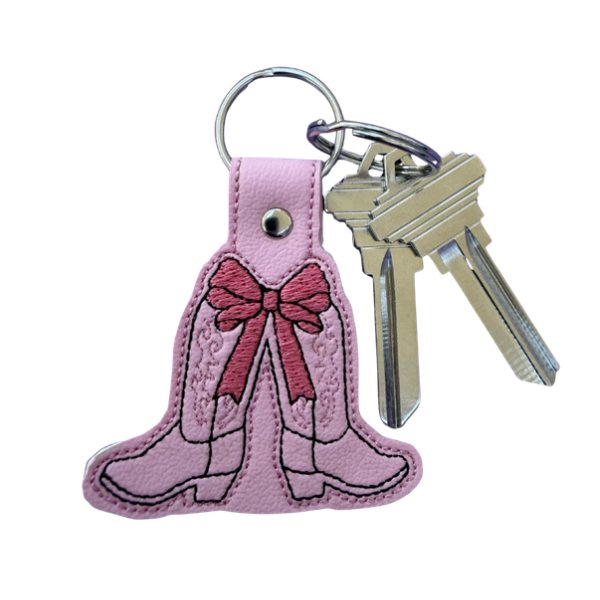 Cowgirl Boot Keychain, Pink Bow Cowboy Boots, Western Keychain, Coquette Keychain, Embroidered Keychain, Country Girl Gift, Cute Bag Charm