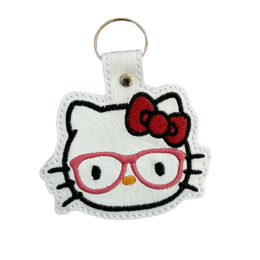 Cute Cartoon Cat Keychain, Pink Glasses Cat Keychain, Kawaii Keychain, Embroidered Keychain, Cute Bag Charm, Girly Accessory, Gift for Her