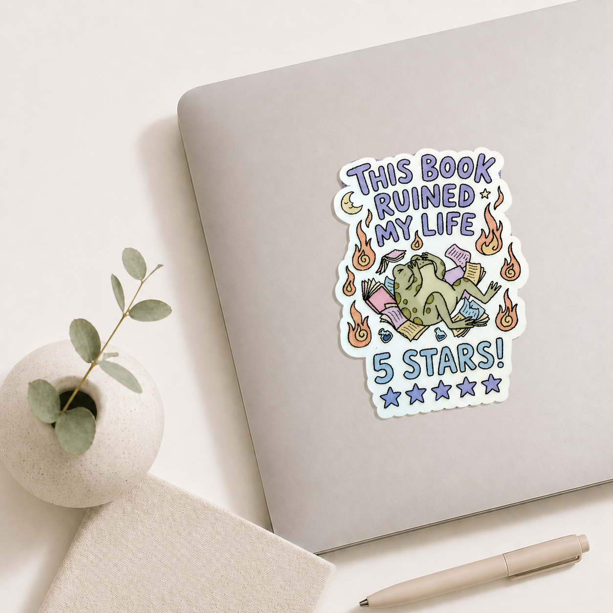 Funny Book Lover Sticker – “This Book Ruined My Life 5 Stars” Frog Sticker, Bookish Humor Decal, Reader Gift, Kindle Laptop Water Bottle Sticker