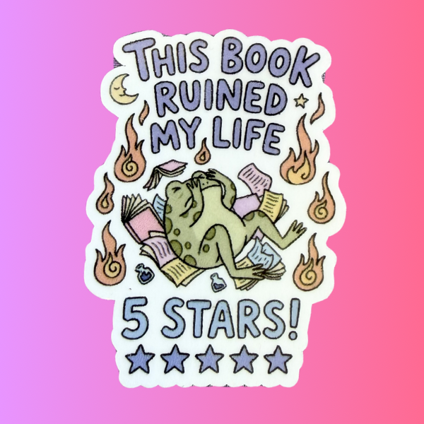 Funny Book Lover Sticker – “This Book Ruined My Life 5 Stars” Frog Sticker, Bookish Humor Decal, Reader Gift, Kindle Laptop Water Bottle Sticker