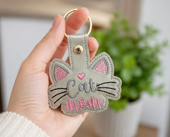 Cat Mom Keychain, Cat Lover Gift, Cute Cat Keychain, Embroidered Keychain, Pet Mom Gift, Gift for Cat Mom, Animal Lover Gift, Bag Charm