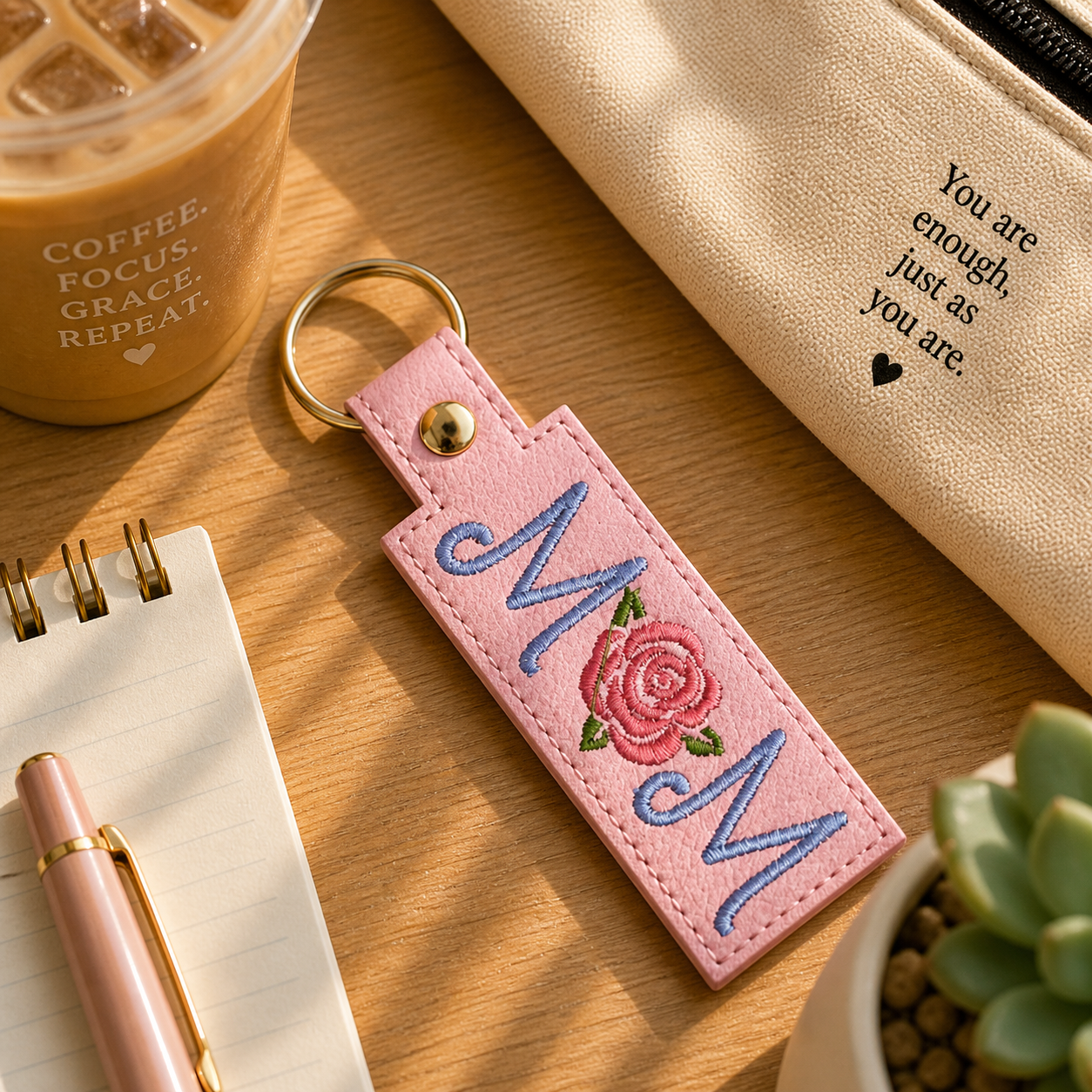 Mom Keychain, Rose Mom Gift, Pink Keychain, Floral Keychain, Embroidered Keychain, Mother’s Day Gift, Gift for Mom, Cute Bag Charm
