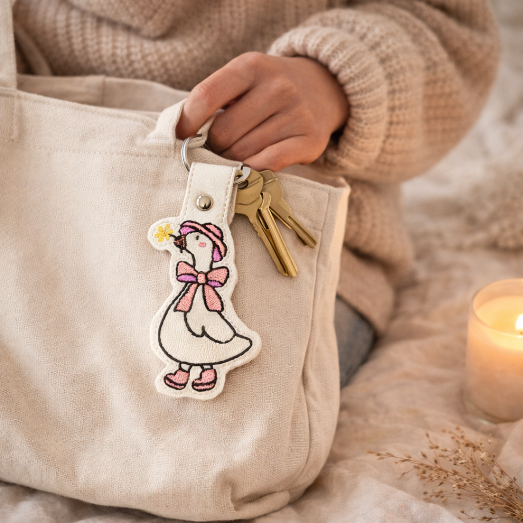 Coquette Goose Keychain, Cute Goose Keychain, Girly Animal Keychain, Embroidered Keychain, Cottagecore Gift, Aesthetic Gift for Her, Bag Charm