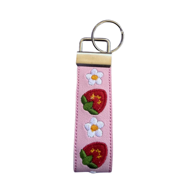Strawberry Mini Wristlet Keychain, Floral Key Fob, Coquette Keychain, Pink Strap, Aesthetic Gift for Her