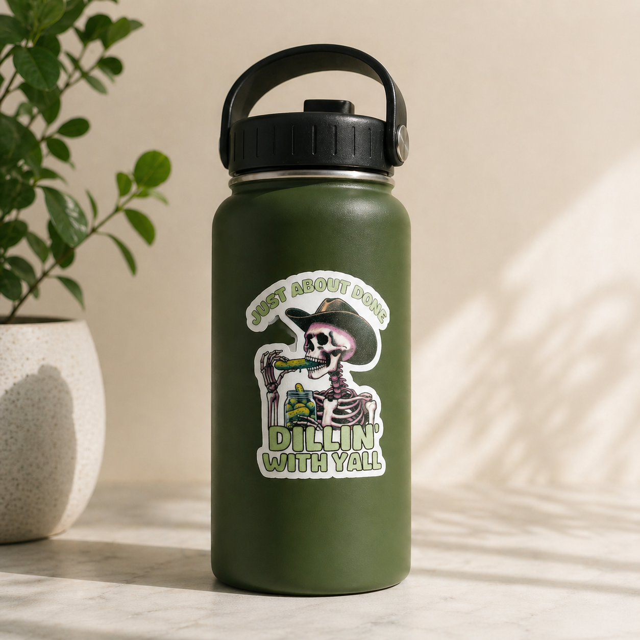 Funny Skeleton Cowboy Sticker, Just About Done Dill Pickle Sticker, Western Humor Vinyl Decal, Waterproof Laptop Sticker, Country Aesthetic Gift