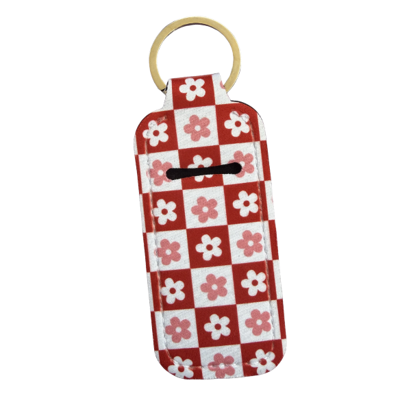 Red Checkered Lip Balm Holder Keychain, Floral Chapstick Holder, Cute Gingham Keychain, Purse Accessory, Small Useful Gift for Her