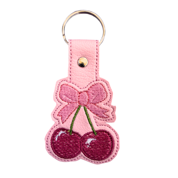 Cherry Bow Keychain, Coquette Cherry Keychain, Cute Embroidered Keychain, Girly Bag Charm, Pink Aesthetic Accessory, Cute Gift for Her