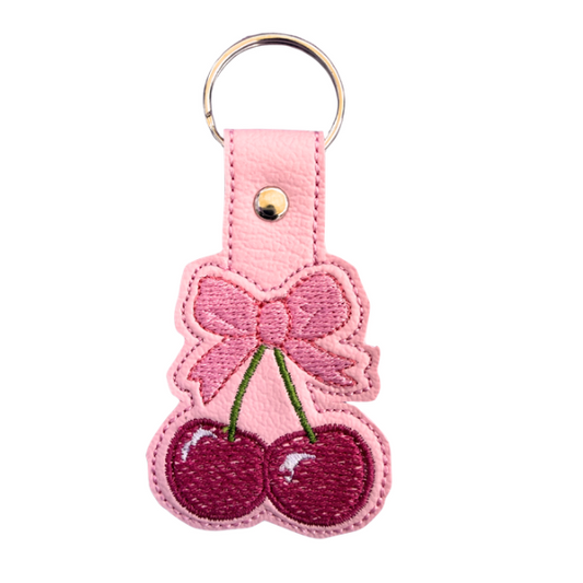 Cherry Bow Keychain, Coquette Cherry Keychain, Cute Embroidered Keychain, Girly Bag Charm, Pink Aesthetic Accessory, Cute Gift for Her
