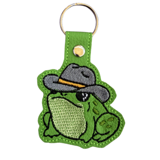 Cute Frog Keychain, Embroidered Frog with Hat Keychain, Green Animal Keychain, Funny Frog Gift, Backpack Charm, Purse Accessory, Cute Gift Idea