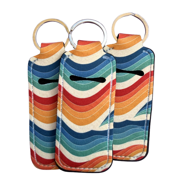 Retro Rainbow Lip Balm Holder Keychain, Wavy Stripe Chapstick Holder, Cute Colorful Keychain, Purse Accessory, Small Useful Gift for Her
