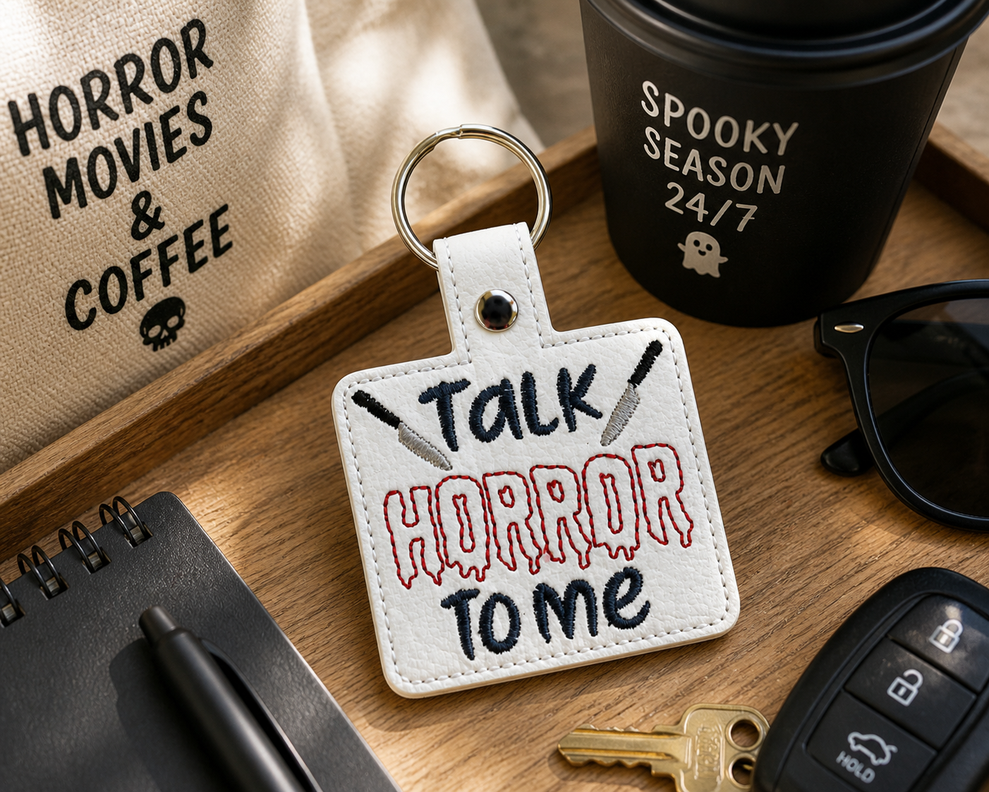 Talk Horror To Me Keychain, Horror Movie Keychain, Spooky Gift, Embroidered Keychain, Halloween Accessory, Scary Cute Gift, Horror Lover Gift