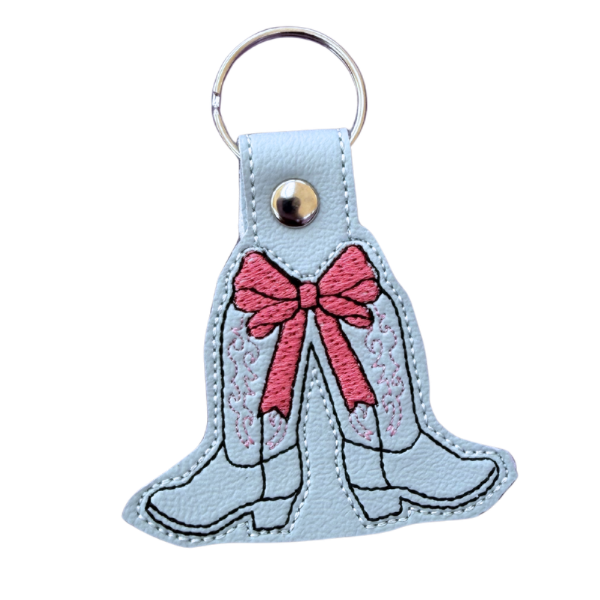 Cowgirl Boot Keychain, Pink Bow Cowboy Boots, Western Keychain, Coquette Keychain, Embroidered Keychain, Country Girl Gift, Cute Bag Charm