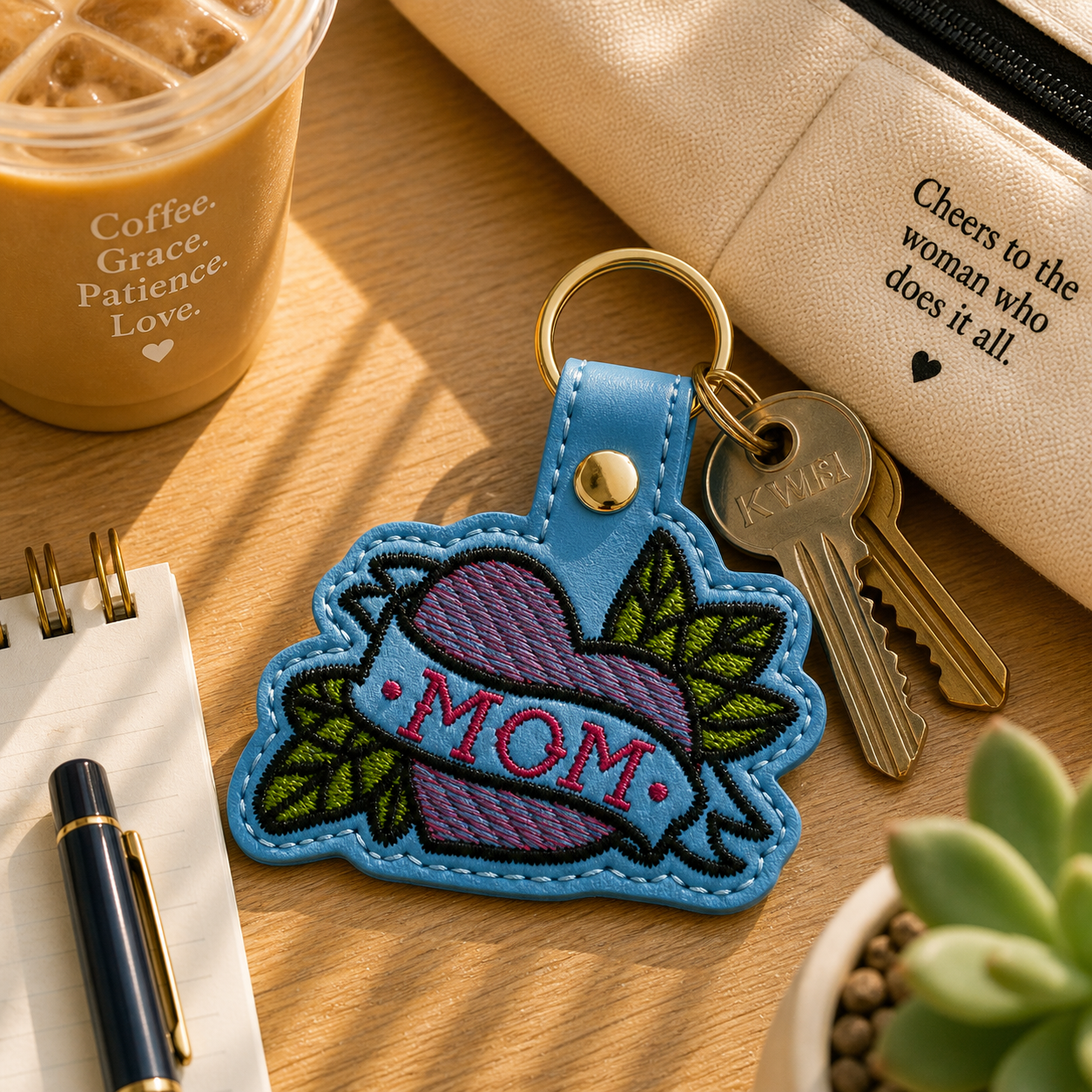 Mom Heart Keychain, Tattoo Style Mom Gift, Blue Keychain, Embroidered Keychain, Mother’s Day Gift, Gift for Mom, Edgy Mom Gift, Bag Charm