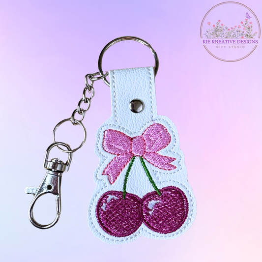 Cherry Embroidered Keychain with Pink Bow – Cute Fruit Keychain for Bags & Keys | Handmade Gift for Her | Sweet Aesthetic Accessory